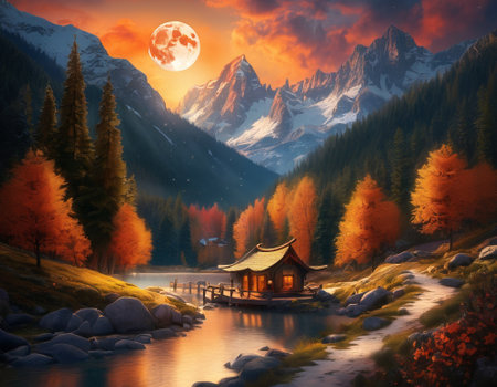 A fabulous mountain landscape with a bright moon. Tourist landscape. Nature in the window.Saturated colors.High quality illustrationの素材