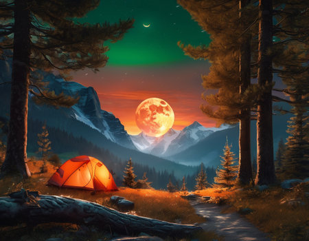 A fabulous mountain landscape with a bright moon. Tourist landscape. Nature in the window.Saturated colors.High quality illustrationの素材