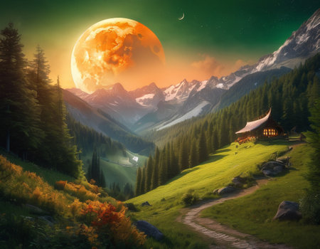 A fabulous mountain landscape with a bright moon. Tourist landscape. Nature in the window.Saturated colors.High quality illustrationの素材