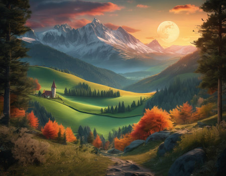 A fabulous mountain landscape with a bright moon. Tourist landscape. Nature in the window.Saturated colors.High quality illustrationの素材