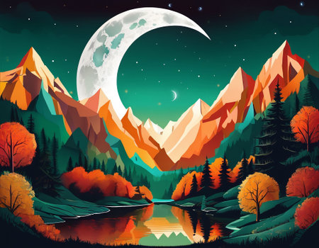 A fabulous mountain landscape with a bright moon. Tourist landscape. Nature in the window.Saturated colors.High quality illustrationの素材