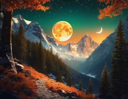 A fabulous mountain landscape with a bright moon. Tourist landscape. Nature in the window.Saturated colors.High quality illustrationの素材