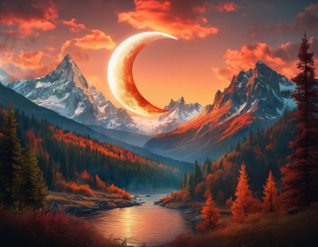 A fabulous mountain landscape with a bright moon. Tourist landscape. Nature in the window.Saturated colors.High quality illustrationの素材