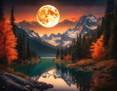 A fabulous mountain landscape with a bright moon. Tourist landscape. Nature in the window.Saturated colors.High quality illustrationの素材