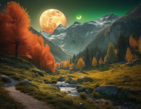 A fabulous mountain landscape with a bright moon. Tourist landscape. Nature in the window.Saturated colors.High quality illustrationの素材