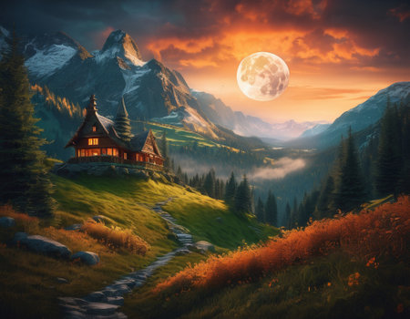 A fabulous mountain landscape with a bright moon. Tourist landscape. Nature in the window.Saturated colors.High quality illustrationの素材