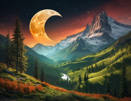 A fabulous mountain landscape with a bright moon. Tourist landscape. Nature in the window.Saturated colors.High quality illustrationの素材