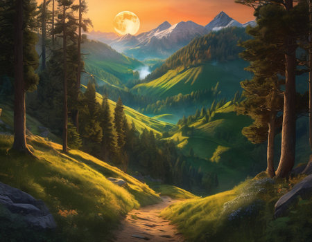 A fabulous mountain landscape with a bright moon. Tourist landscape. Nature in the window.Saturated colors.High quality illustrationの素材