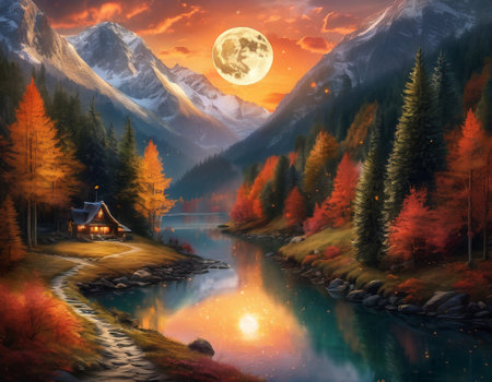 A fabulous mountain landscape with a bright moon. Tourist landscape. Nature in the window.Saturated colors.High quality illustrationの素材