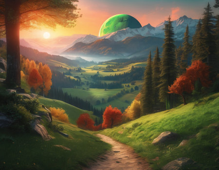 A fabulous mountain landscape with a bright moon. Tourist landscape. Nature in the window.Saturated colors.High quality illustrationの素材