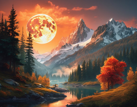 A fabulous mountain landscape with a bright moon. Tourist landscape. Nature in the window.Saturated colors.High quality illustrationの素材