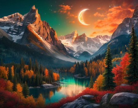 A fabulous mountain landscape with a bright moon. Tourist landscape. Nature in the window.Saturated colors.High quality illustrationの素材
