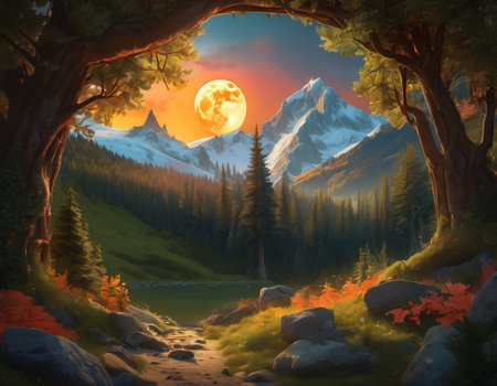 A fabulous mountain landscape with a bright moon. Tourist landscape. Nature in the window.Saturated colors.High quality illustrationの素材