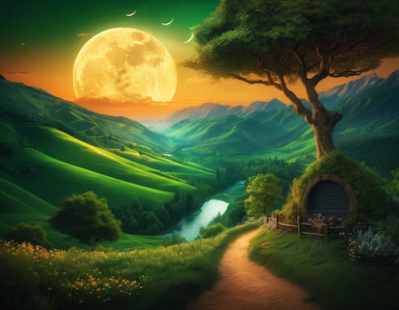 A fabulous mountain landscape with a bright moon. Tourist landscape. Nature in the window.Saturated colors.High quality illustrationの素材