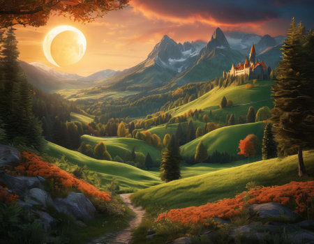 A fabulous mountain landscape with a bright moon. Tourist landscape. Nature in the window.Saturated colors.High quality illustrationの素材
