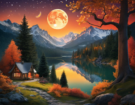 A fabulous mountain landscape with a bright moon. Tourist landscape. Nature in the window.Saturated colors.High quality illustrationの素材