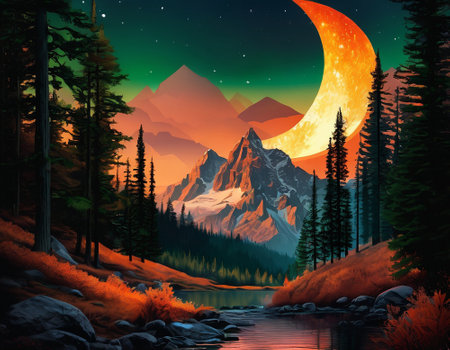 A fabulous mountain landscape with a bright moon. Tourist landscape. Nature in the window.Saturated colors.High quality illustrationの素材