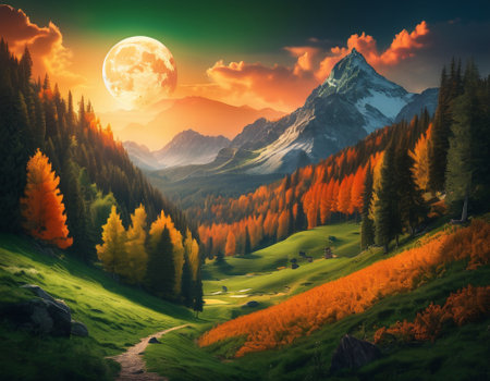A fabulous mountain landscape with a bright moon. Tourist landscape. Nature in the window.Saturated colors.High quality illustrationの素材