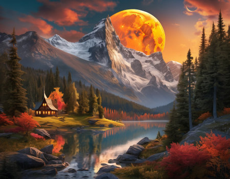 A fabulous mountain landscape with a bright moon. Tourist landscape. Nature in the window.Saturated colors.High quality illustrationの素材
