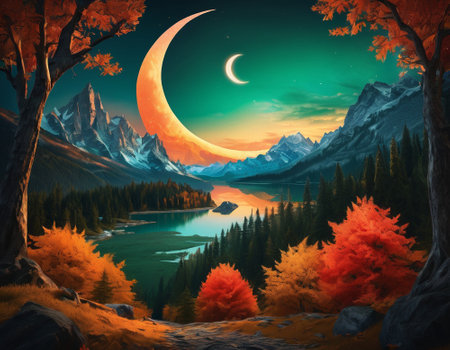 A fabulous mountain landscape with a bright moon. Tourist landscape. Nature in the window.Saturated colors.High quality illustrationの素材