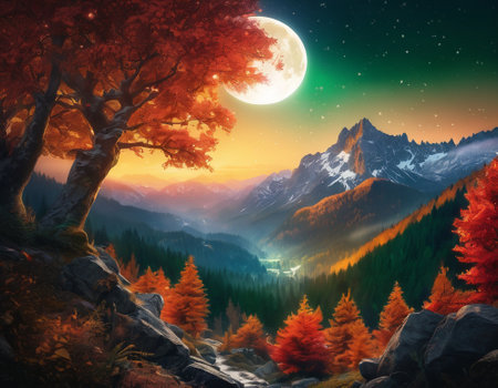 A fabulous mountain landscape with a bright moon. Tourist landscape. Nature in the window.Saturated colors.High quality illustrationの素材