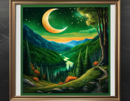 A fabulous mountain landscape with a bright moon. Tourist landscape. Nature in the window.Saturated colors.High quality illustrationの素材