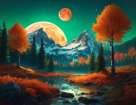 A fabulous mountain landscape with a bright moon. Tourist landscape. Nature in the window.Saturated colors.High quality illustrationの素材