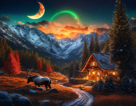 A fabulous mountain landscape with a bright moon. Tourist landscape. Nature in the window.Saturated colors.High quality illustrationの素材