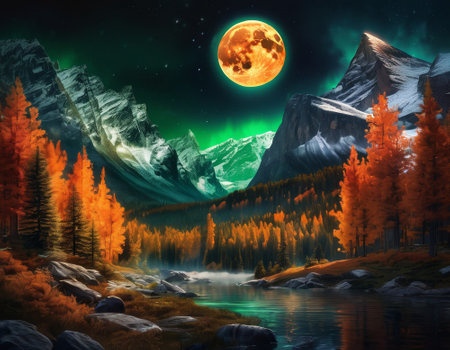 A fabulous mountain landscape with a bright moon. Tourist landscape. Nature in the window.Saturated colors.High quality illustrationの素材
