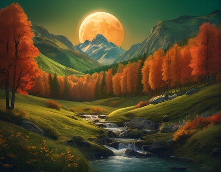 A fabulous mountain landscape with a bright moon. Tourist landscape. Nature in the window.Saturated colors.High quality illustrationの素材