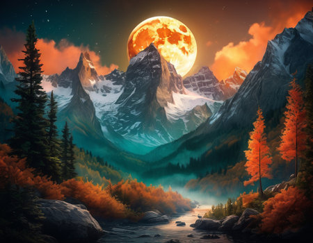 A fabulous mountain landscape with a bright moon. Tourist landscape. Nature in the window.Saturated colors.High quality illustrationの素材