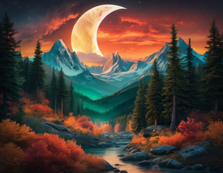 A fabulous mountain landscape with a bright moon. Tourist landscape. Nature in the window.Saturated colors.High quality illustrationの素材