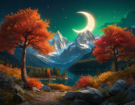 A fabulous mountain landscape with a bright moon. Tourist landscape. Nature in the window.Saturated colors.High quality illustrationの素材