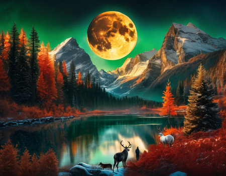 A fabulous mountain landscape with a bright moon. Tourist landscape. Nature in the window.Saturated colors.High quality illustrationの素材
