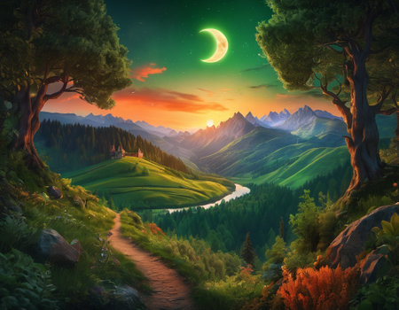 A fabulous mountain landscape with a bright moon. Tourist landscape. Nature in the window.Saturated colors.High quality illustrationの素材