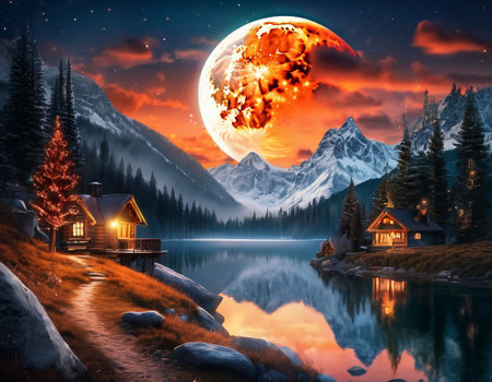 A fabulous mountain landscape with a bright moon. Tourist landscape. Nature in the window.Saturated colors.High quality illustrationの素材