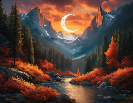 A fabulous mountain landscape with a bright moon. Tourist landscape. Nature in the window.Saturated colors.High quality illustrationの素材