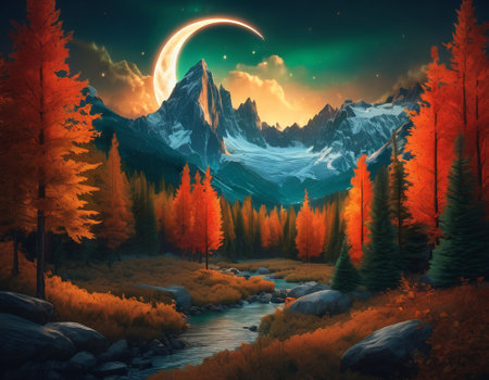 A fabulous mountain landscape with a bright moon. Tourist landscape. Nature in the window.Saturated colors.High quality illustrationの素材