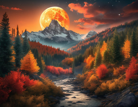 A fabulous mountain landscape with a bright moon. Tourist landscape. Nature in the window.Saturated colors.High quality illustrationの素材