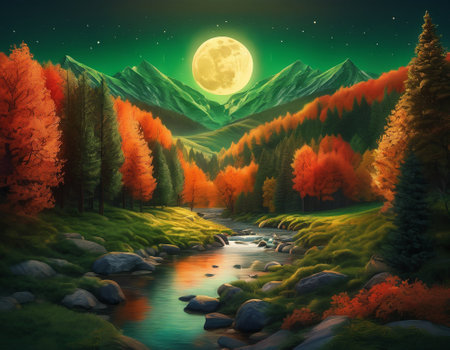A fabulous mountain landscape with a bright moon. Tourist landscape. Nature in the window.Saturated colors.High quality illustrationの素材