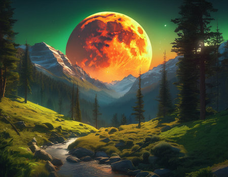 A fabulous mountain landscape with a bright moon. Tourist landscape. Nature in the window.Saturated colors.High quality illustrationの素材