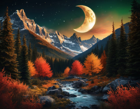 A fabulous mountain landscape with a bright moon. Tourist landscape. Nature in the window.Saturated colors.High quality illustrationの素材