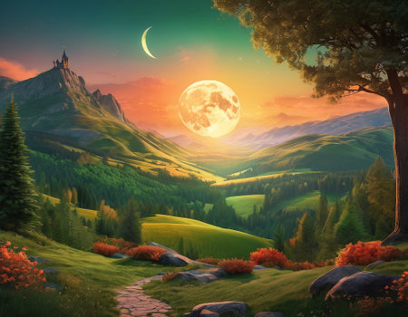 A fabulous mountain landscape with a bright moon. Tourist landscape. Nature in the window.Saturated colors.High quality illustrationの素材
