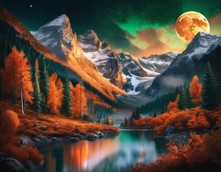 A fabulous mountain landscape with a bright moon. Tourist landscape. Nature in the window.Saturated colors.High quality illustrationの素材