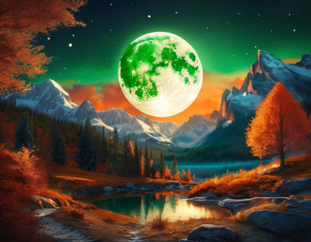 A fabulous mountain landscape with a bright moon. Tourist landscape. Nature in the window.Saturated colors.High quality illustrationの素材