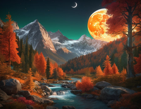 A fabulous mountain landscape with a bright moon. Tourist landscape. Nature in the window.Saturated colors.High quality illustrationの素材
