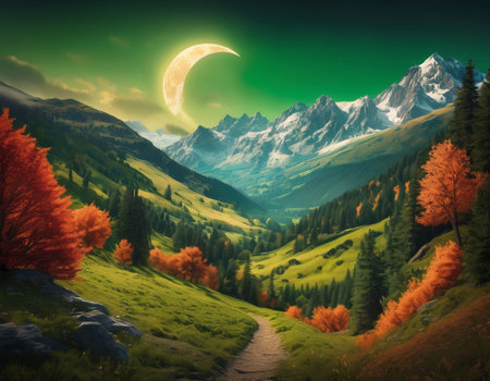 A fabulous mountain landscape with a bright moon. Tourist landscape. Nature in the window.Saturated colors.High quality illustrationの素材