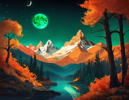 A fabulous mountain landscape with a bright moon. Tourist landscape. Nature in the window.Saturated colors.High quality illustrationの素材