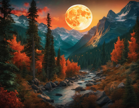 A fabulous mountain landscape with a bright moon. Tourist landscape. Nature in the window.Saturated colors.High quality illustrationの素材