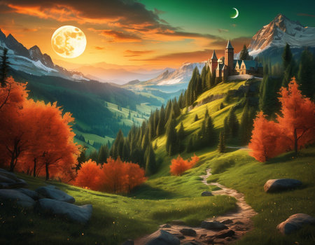 A fabulous mountain landscape with a bright moon. Tourist landscape. Nature in the window.Saturated colors.High quality illustrationの素材